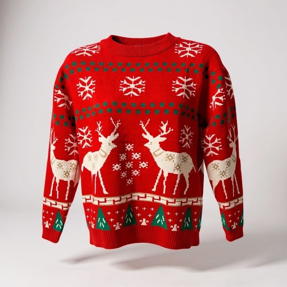 Festive Red Reindeer Sweater – Christmas Ugly Sweater with Snowflakes (Size 160,